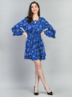 CELESTINA Women Fit and Flare Dark Blue Mini/Short Dress