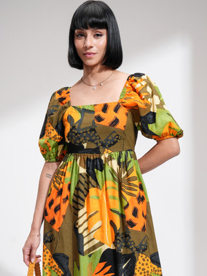 Vishudh Women Fit and Flare Yellow Midi/Calf Length Dress