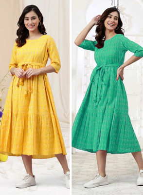 ASHISH PRINT Women A-line Green Midi/Calf Length Dress