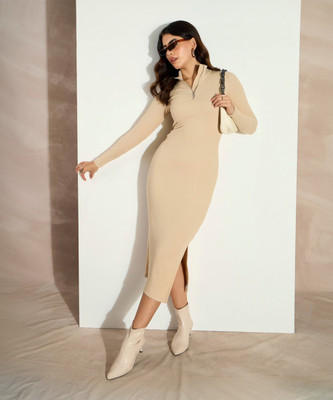 SASSAFRAS Women Bodycon Beige Maxi/Full Length Dress