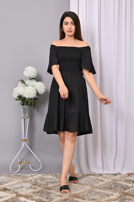 VYMO Women Fit and Flare Black Above Knee/Mid Thigh Length Dress