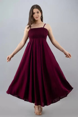 Biubaa Women Fit and Flare Purple Maxi/Full Length Dress