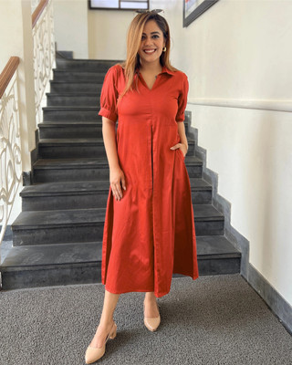 The Svaya Women A-line Orange Midi/Calf Length Dress