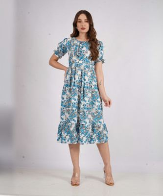 AKSHA CREATION Women Fit and Flare Dark Blue Midi/Calf Length Dress