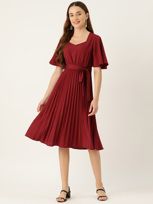 SLENOR Women A-line Maroon Knee Length Dress