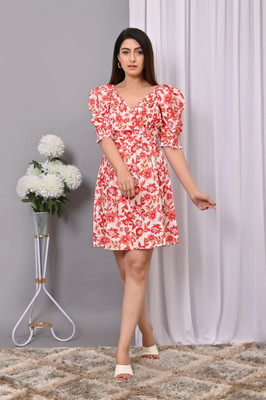 VYMO Women Fit and Flare Red, White Above Knee/Mid Thigh Length Dress