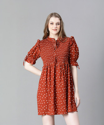 OXOLLOXO Women Fit and Flare Maroon, White Above Knee/Mid Thigh Length Dress