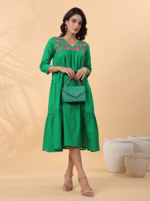 Janasya Women A-line Green Dress