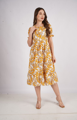 AKSHA CREATION Women Fit and Flare Yellow Midi/Calf Length Dress