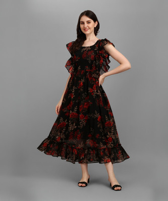 Fashion2wear Women A-line Black Midi/Calf Length Dress