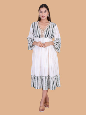 Moda Rapido Women Fit and Flare White Midi/Calf Length Dress