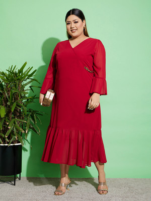 SASSAFRAS Curve Women Wrap Red Midi/Calf Length Dress