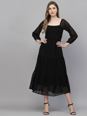 AAYU Women Fit and Flare Black Maxi/Full Length Dress