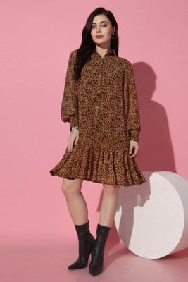 Moda Rapido Women Fit and Flare Brown Knee Length Dress