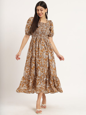 OTABU Women A-line Brown, White, Maroon Midi/Calf Length Dress
