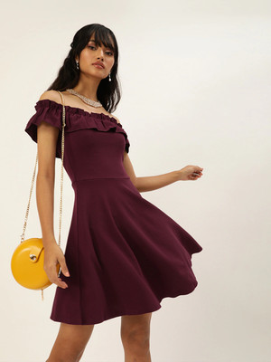 VENI VIDI VICI Women Fit and Flare Maroon Above Knee/Mid Thigh Length Dress