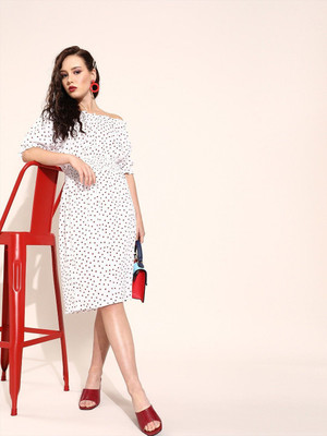 rapido Women Fit and Flare White Knee Length Dress