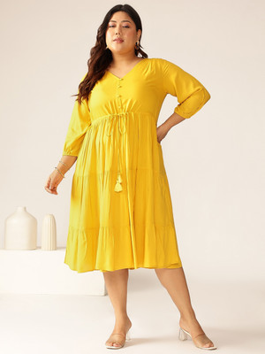 Janasya Women Tiered Yellow Midi/Calf Length Dress
