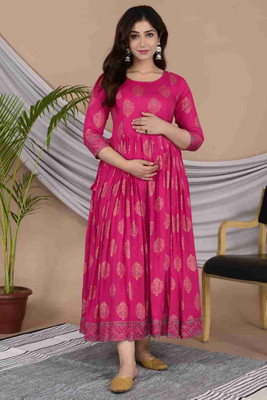 METRONAUT Women Fit and Flare Pink Midi/Calf Length Dress