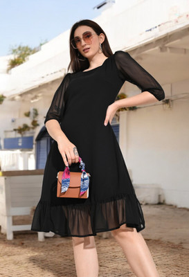 METRONAUT Women Fit and Flare Black Midi/Calf Length Dress