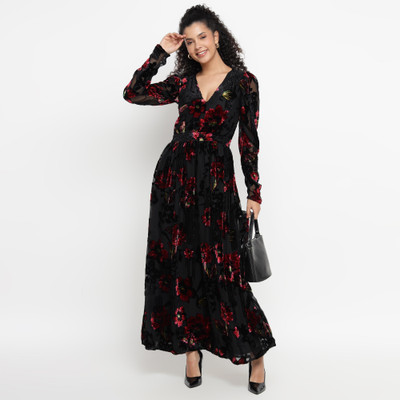 theulluu.com Women Fit and Flare Black Maxi/Full Length Dress