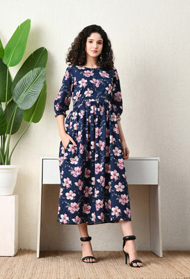 ichaa Women Fit and Flare Dark Blue Midi/Calf Length Dress