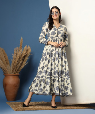 GLAMALUE Women Fit and Flare White Maxi/Full Length Dress