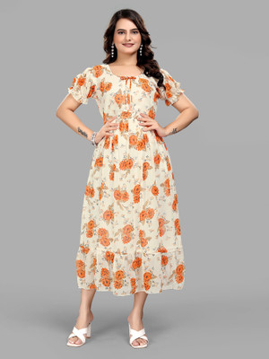 GROMint Women Fit and Flare Orange Midi/Calf Length Dress
