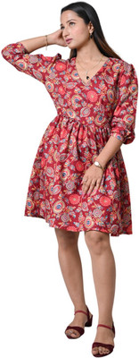 Belle Noor Women Fit and Flare Red Knee Length Dress