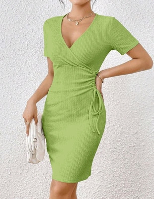 AADESH ENTERPRISE Women Bodycon Light Green Above Knee/Mid Thigh Length Dress