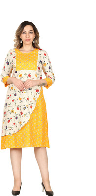 FLAMBOYANT Women A-line Yellow Midi/Calf Length Dress