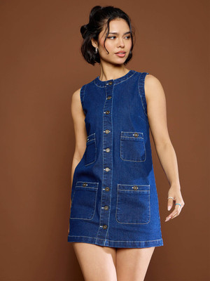 SASSAFRAS Women Fit and Flare Dark Blue Above Knee/Mid Thigh Length Dress