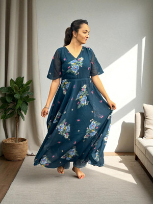 GROMint Women Fit and Flare Light Blue Maxi/Full Length Dress
