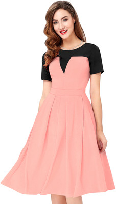 HEER FASHION Women Fit and Flare Pink Knee Length Dress