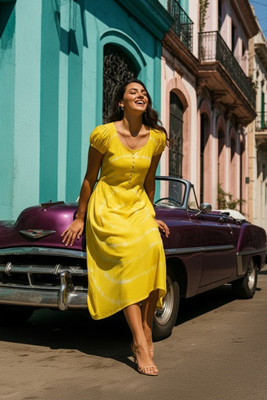 maaesa Women Fit and Flare Yellow Midi/Calf Length Dress