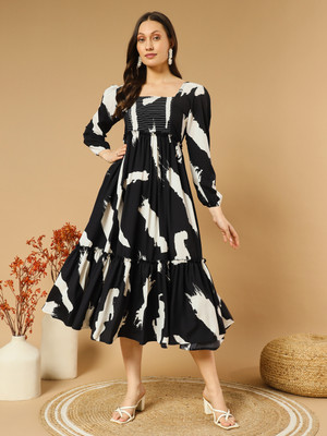ZWERLON Women A-line Black Midi/Calf Length Dress