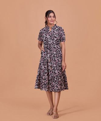 FashFun Women Fit and Flare Black Midi/Calf Length Dress