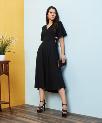 Globus Women Fit and Flare Black Midi/Calf Length Dress