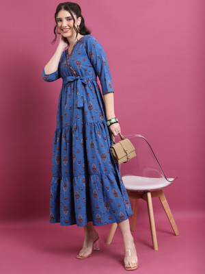 Vishudh Women Maxi Blue, Red, Grey Full Length Dress
