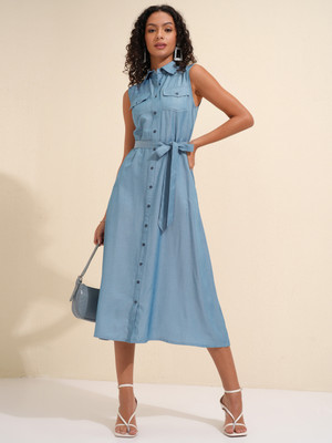 Tokyo Talkies Women Fit and Flare Blue Midi/Calf Length Dress