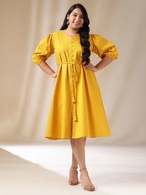 Janasya Women A-line Yellow Dress