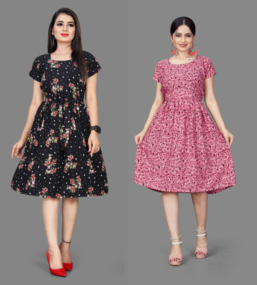 Madhave Women Fit and Flare Black, Pink Below Knee Dress