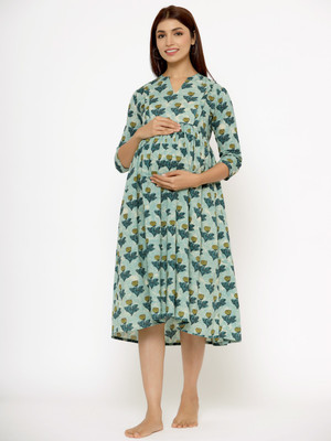 Crafiqa Women Fit and Flare Blue, Green, Dark Blue Midi/Calf Length Dress
