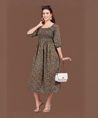Oh Mi Dios Women Fit and Flare Brown Midi/Calf Length Dress