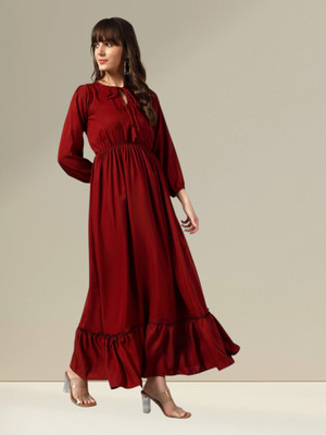 Krunal Raiyani Women Fit and Flare Maroon Maxi/Full Length Dress