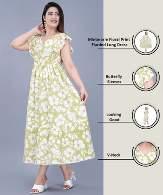 MintMarie Women Fit and Flare Light Green, White Midi/Calf Length Dress