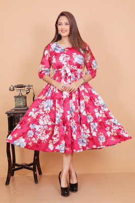 ANMOLDRESS Women A-line Pink Midi/Calf Length Dress