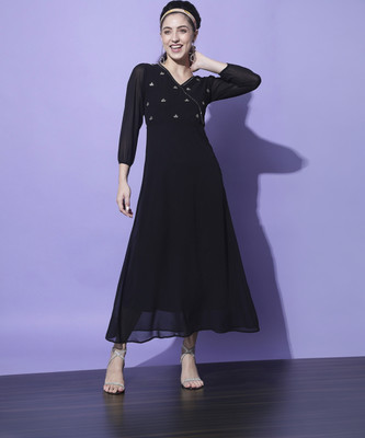 SLENOR Women A-line Black Midi/Calf Length Dress