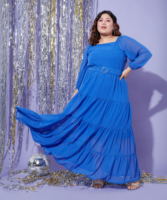 SASSAFRAS Curve Women Tiered Blue Maxi/Full Length Dress