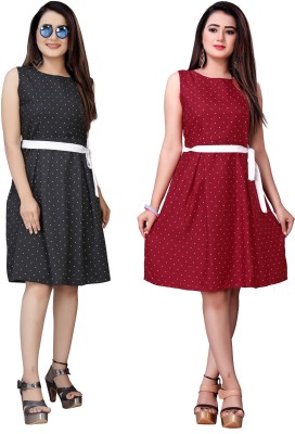 maruti fab Women Fit and Flare Red, Black Dress